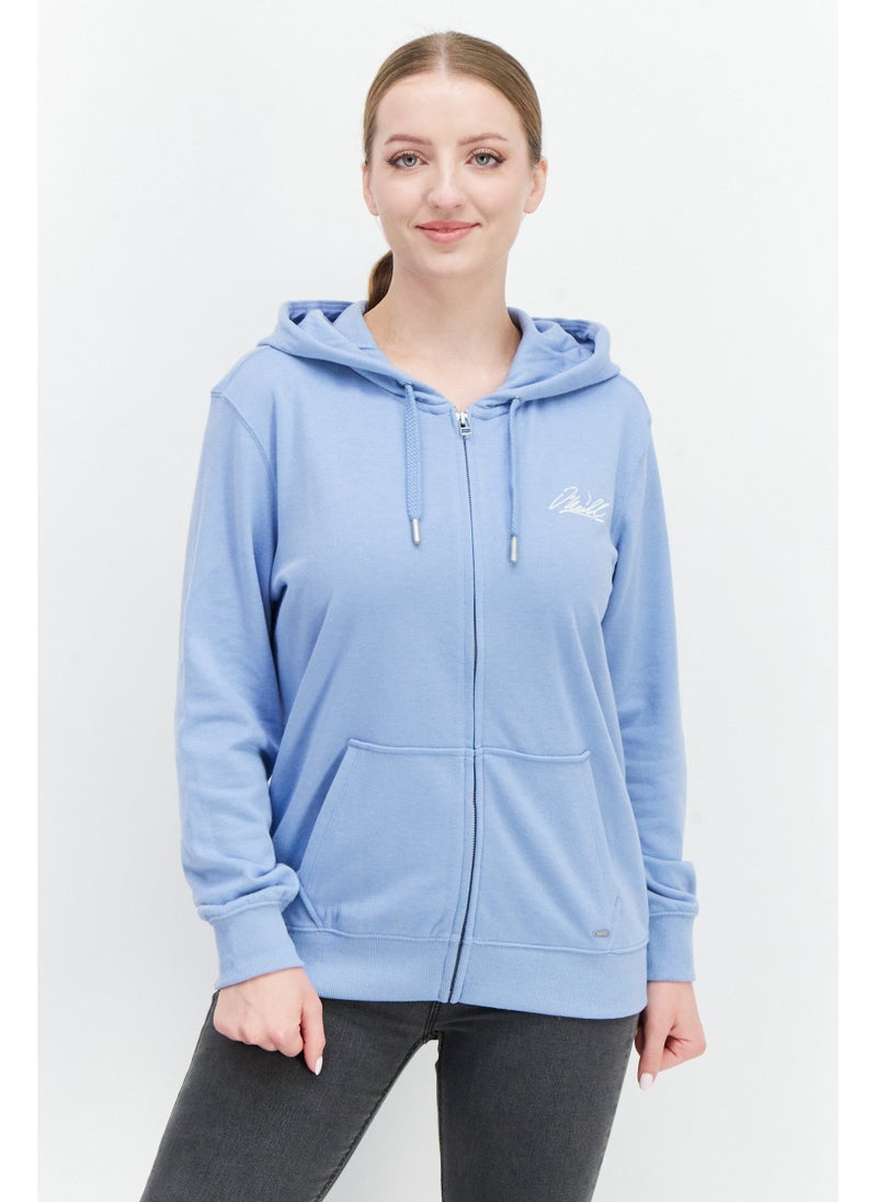 Women Hooded Long Sleeve Embroidered Logo Sweatshirt, Light Blue