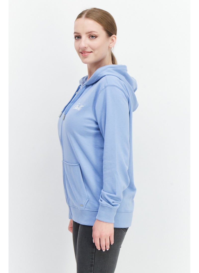 Women Hooded Long Sleeve Embroidered Logo Sweatshirt, Light Blue