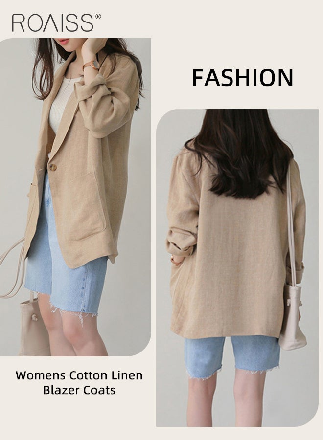 Casual Thin Linen Blazer Top for Women Long Sleeve Lightweight Spring Summer Loose Fit Style Jackets Ladies British Style Breathable Suit Jacket for Daily Commute Wear or Office