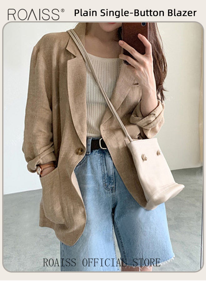 Casual Thin Linen Blazer Top for Women Long Sleeve Lightweight Spring Summer Loose Fit Style Jackets Ladies British Style Breathable Suit Jacket for Daily Commute Wear or Office