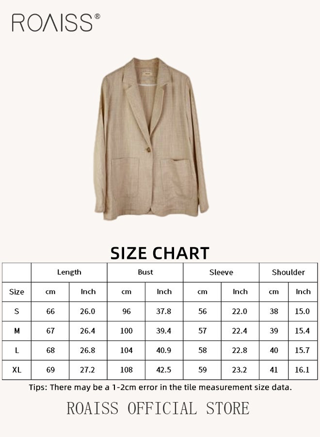 Casual Thin Linen Blazer Top for Women Long Sleeve Lightweight Spring Summer Loose Fit Style Jackets Ladies British Style Breathable Suit Jacket for Daily Commute Wear or Office