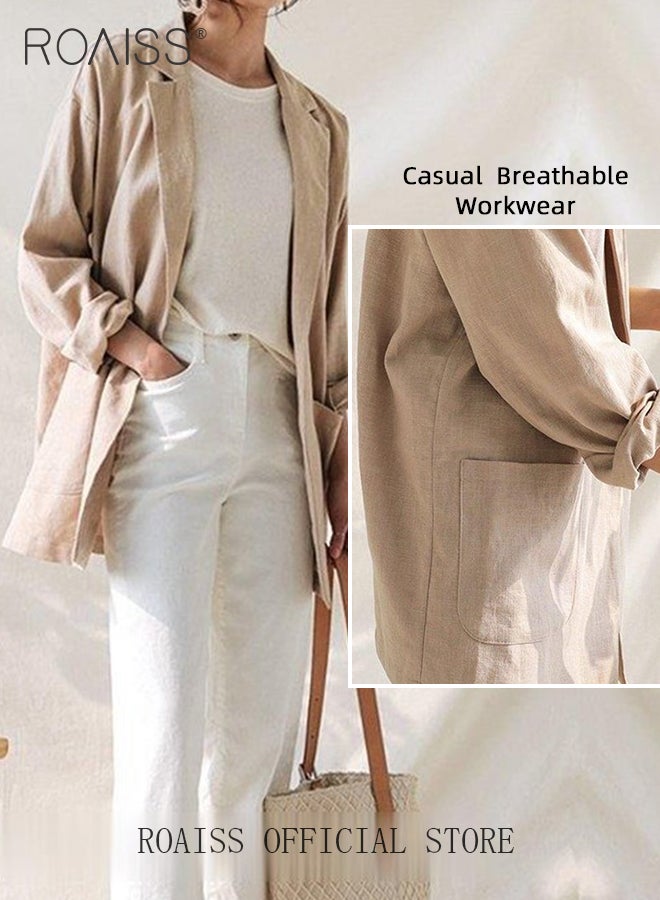 Casual Thin Linen Blazer Top for Women Long Sleeve Lightweight Spring Summer Loose Fit Style Jackets Ladies British Style Breathable Suit Jacket for Daily Commute Wear or Office