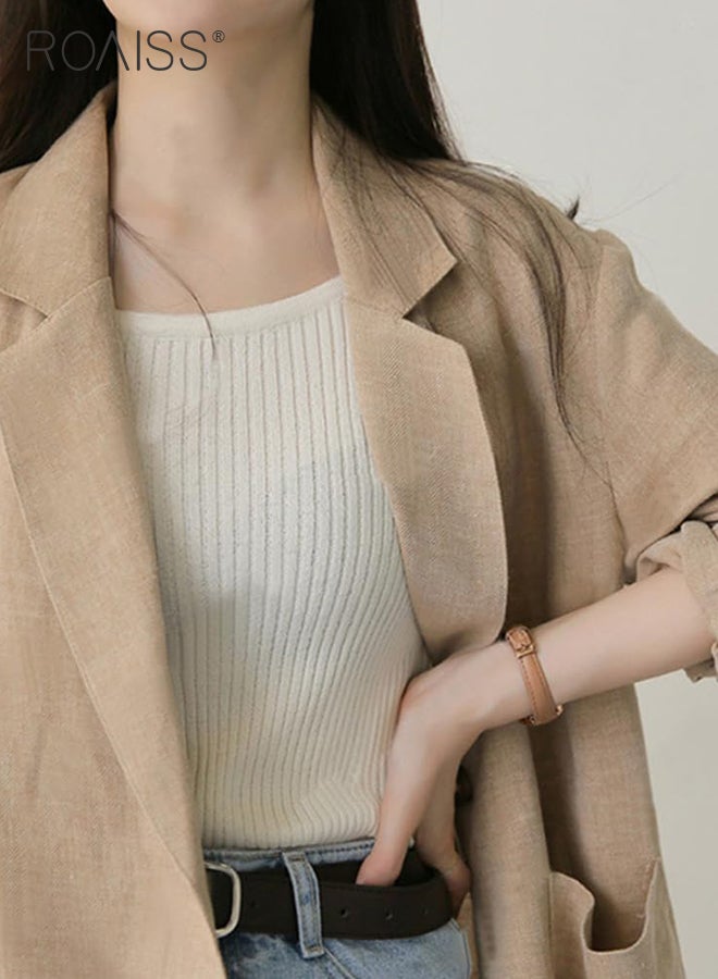 Casual Thin Linen Blazer Top for Women Long Sleeve Lightweight Spring Summer Loose Fit Style Jackets Ladies British Style Breathable Suit Jacket for Daily Commute Wear or Office