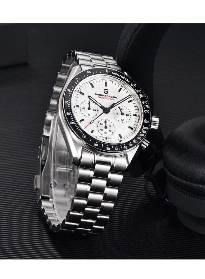 Men's Quartz Watches, White Dial, Japanese VK63 Movement, Stainless Steel Strap, Sports Waterproof, Fashion Business Watches