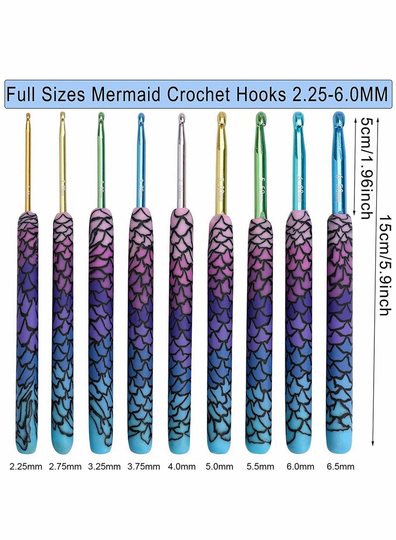 Crochet Hooks Set with 9 Colorful Handles, Mermaid Design, 2.0,6.0mm for Beginners, Perfect Knitting Supplies