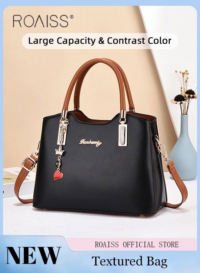 Simple Contrast Color Handbag for Women PU Leather Large Capacity Multi-laminated Tote Bag Hardware Accessories Shoulder Crossbody Bag for Mother and Wife Ideal for Birthday Gifts or Ramadan