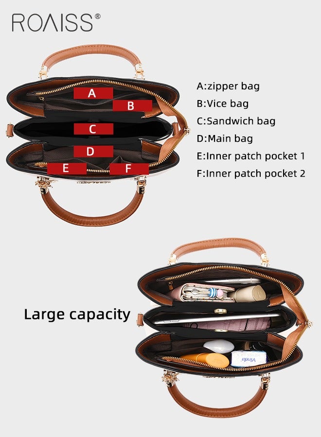Simple Contrast Color Handbag for Women PU Leather Large Capacity Multi-laminated Tote Bag Hardware Accessories Shoulder Crossbody Bag for Mother and Wife Ideal for Birthday Gifts or Ramadan