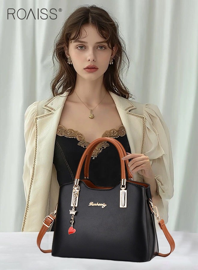 Simple Contrast Color Handbag for Women PU Leather Large Capacity Multi-laminated Tote Bag Hardware Accessories Shoulder Crossbody Bag for Mother and Wife Ideal for Birthday Gifts or Ramadan