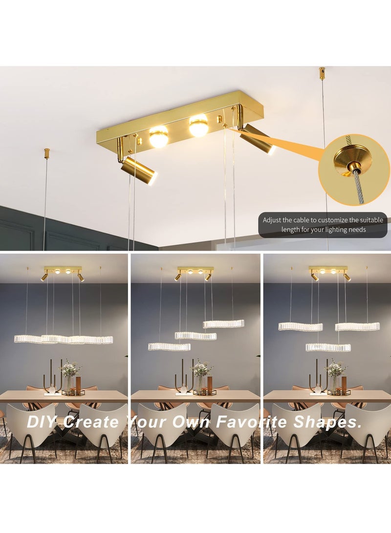 Modern Crystal Pendant Light, Dimmable LED Gold Pendant Light with 3 Waves, Adjustable Height Hanging Pendant Light Fixture Chandelier for Kitchen Island Dining Room Bar (30W, 42'' DIY)