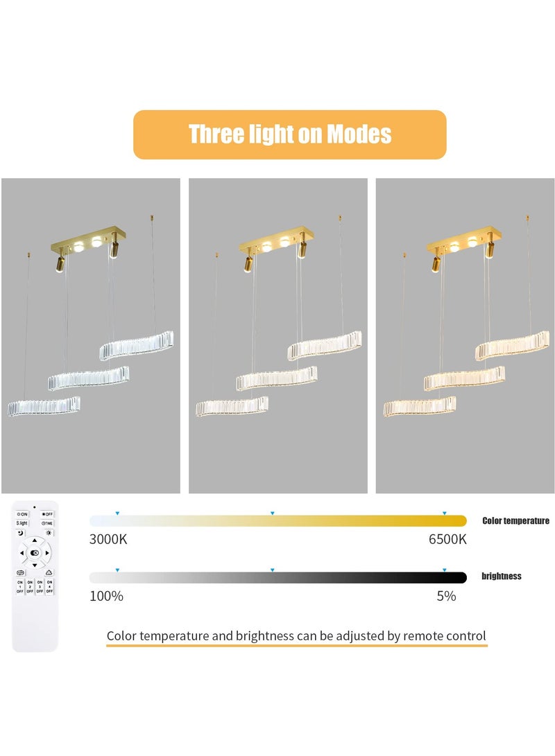 Modern Crystal Pendant Light, Dimmable LED Gold Pendant Light with 3 Waves, Adjustable Height Hanging Pendant Light Fixture Chandelier for Kitchen Island Dining Room Bar (30W, 42'' DIY)