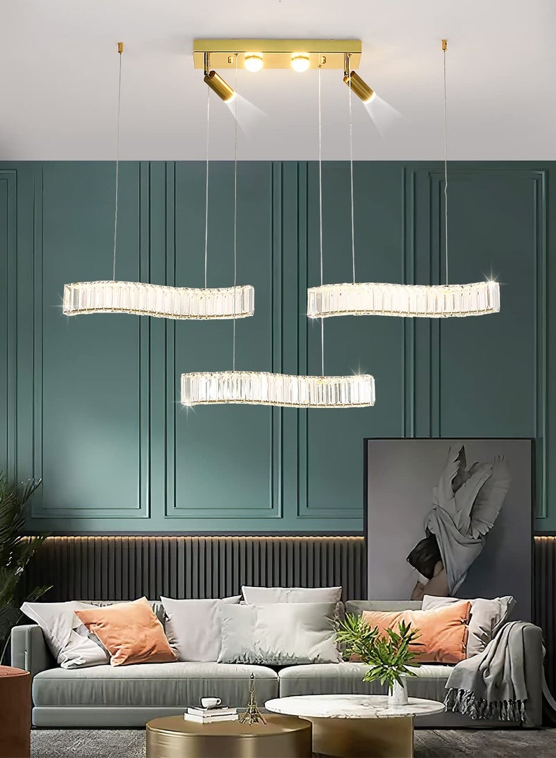 Modern Crystal Pendant Light, Dimmable LED Gold Pendant Light with 3 Waves, Adjustable Height Hanging Pendant Light Fixture Chandelier for Kitchen Island Dining Room Bar (30W, 42'' DIY)