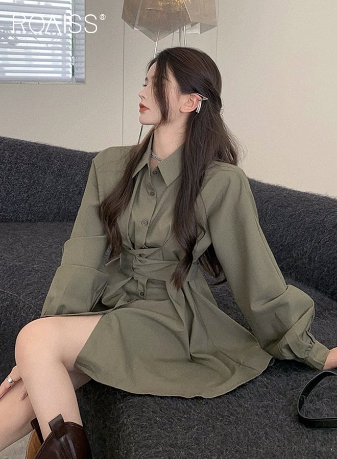 Solid Corset Shirt Dress for Women Ruched Elastic High Waisted Tunic Long Sleeve Blouse Dress Lady Casual Button Breasted down Flowy Comfortable Dresses for Commute or Office