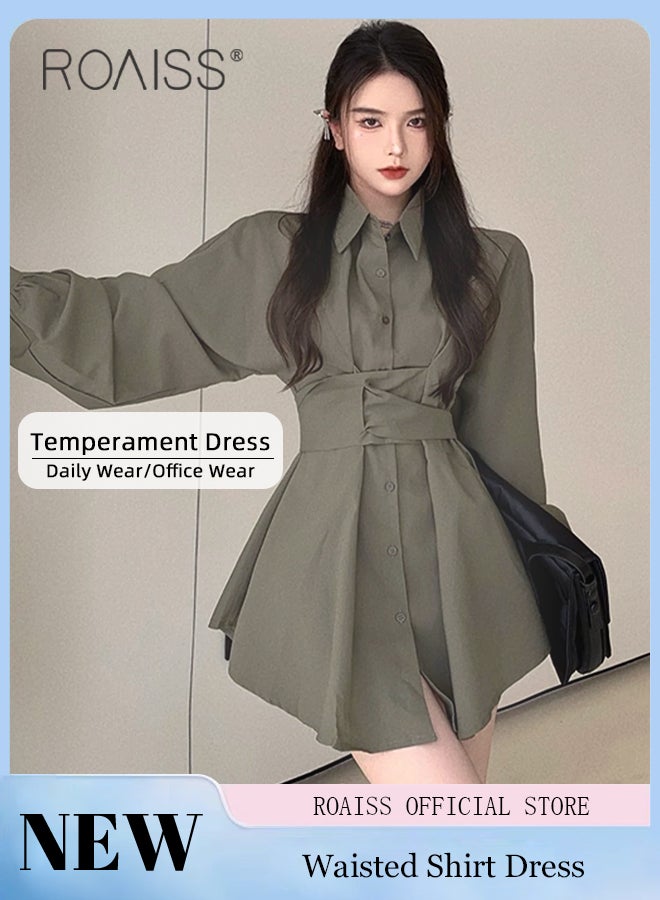 Solid Corset Shirt Dress for Women Ruched Elastic High Waisted Tunic Long Sleeve Blouse Dress Lady Casual Button Breasted down Flowy Comfortable Dresses for Commute or Office