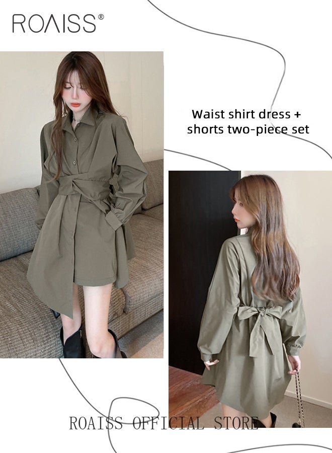 Solid Corset Shirt Dress for Women Ruched Elastic High Waisted Tunic Long Sleeve Blouse Dress Lady Casual Button Breasted down Flowy Comfortable Dresses for Commute or Office