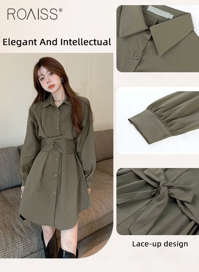 Solid Corset Shirt Dress for Women Ruched Elastic High Waisted Tunic Long Sleeve Blouse Dress Lady Casual Button Breasted down Flowy Comfortable Dresses for Commute or Office