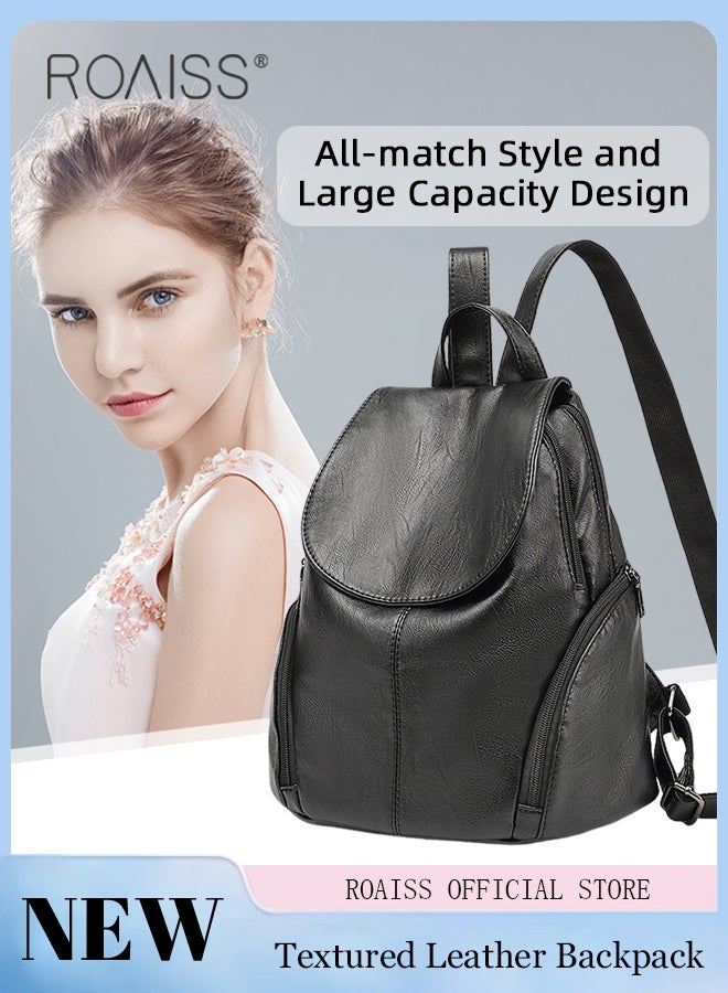 Multifunctional Flap PU Leather Backpack for Women Large Capacity Anti-Theft Travel Daypack for Students Mothers Vintage Simple Solid Color Double Shoulder Bags with Multi Pockets