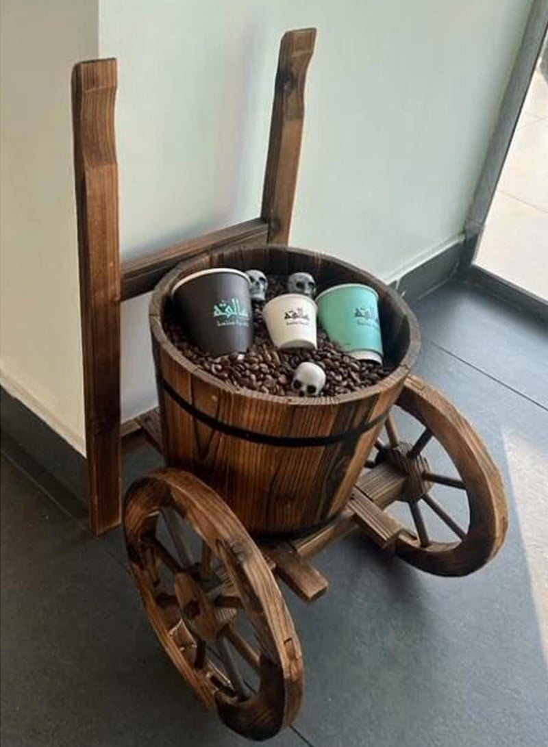 Wooden Flower Pot Rustic Style Wooden Planter with Two Wheels Flower Bucket Wooden Garden Flower Pot Garden Decoration Item Flower Basket For Indoor Outdoor