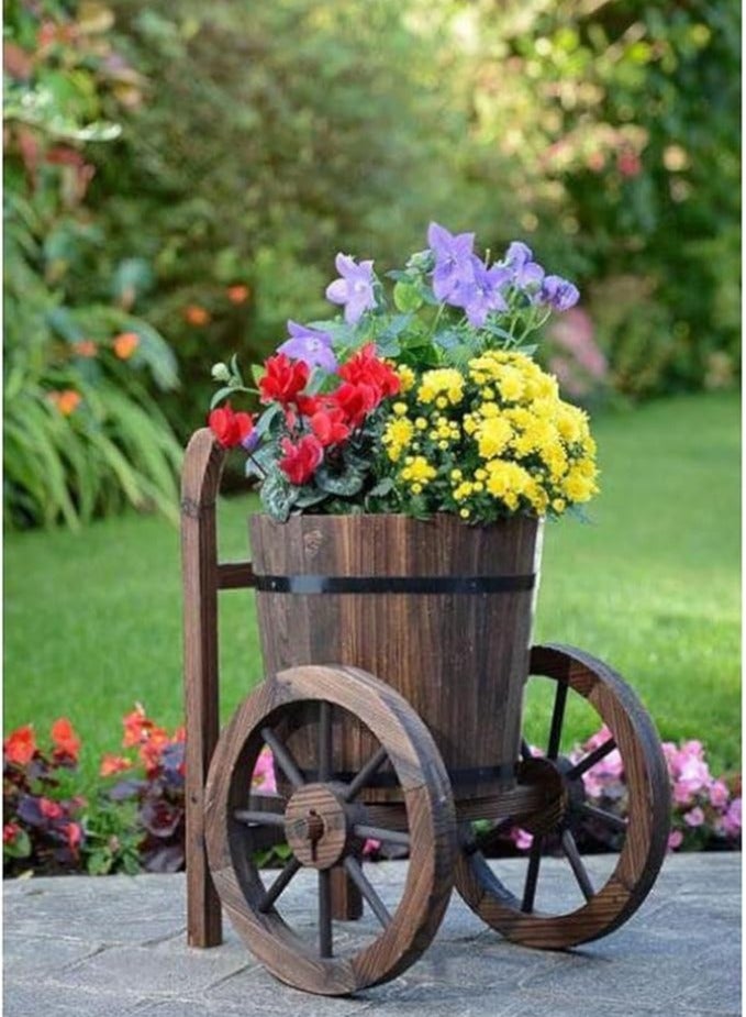 Wooden Flower Pot Rustic Style Wooden Planter with Two Wheels Flower Bucket Wooden Garden Flower Pot Garden Decoration Item Flower Basket For Indoor Outdoor