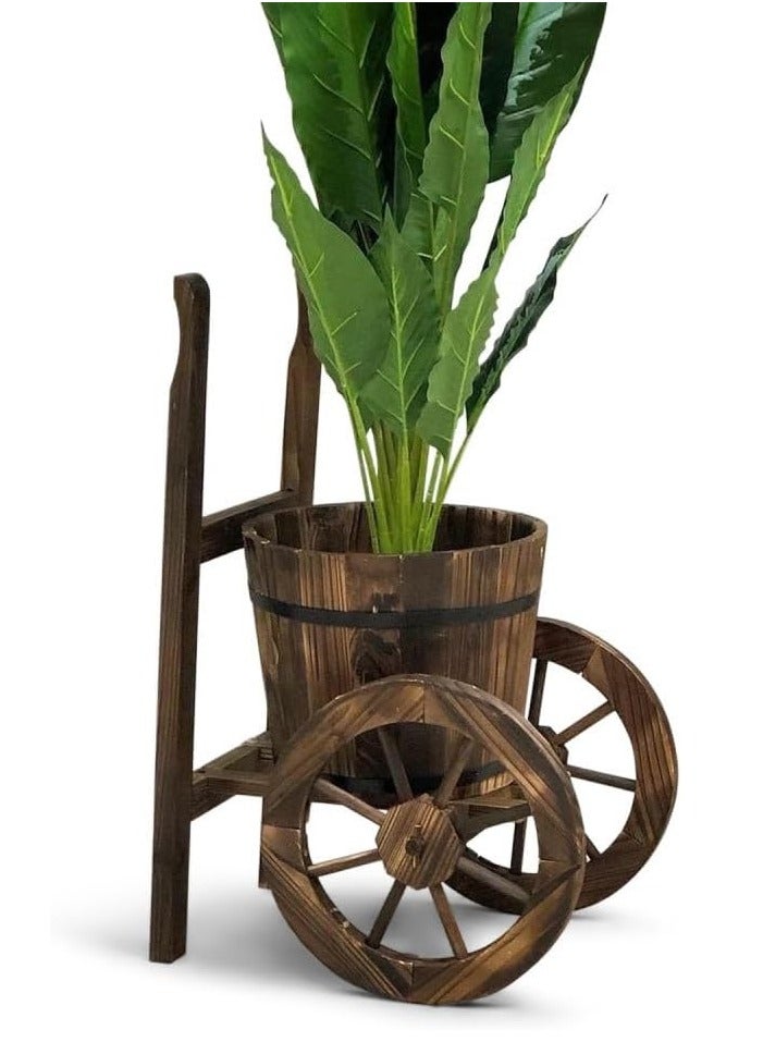 Rustic Wooden Flower Cart Planter with Cycle Shaped Design Decorative Garden Plant Pot with 3 Wheels Perfect for Outdoor Patio Lawn Backyard Decor