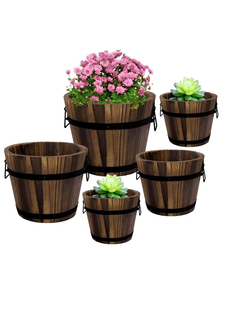 Set of 5pcs Wooden Flower Pot Retro Style Outdoor Reinforced and Anticorrosive Wooden Pot Brown Color Solid Wood Planting Pot Round Barrel