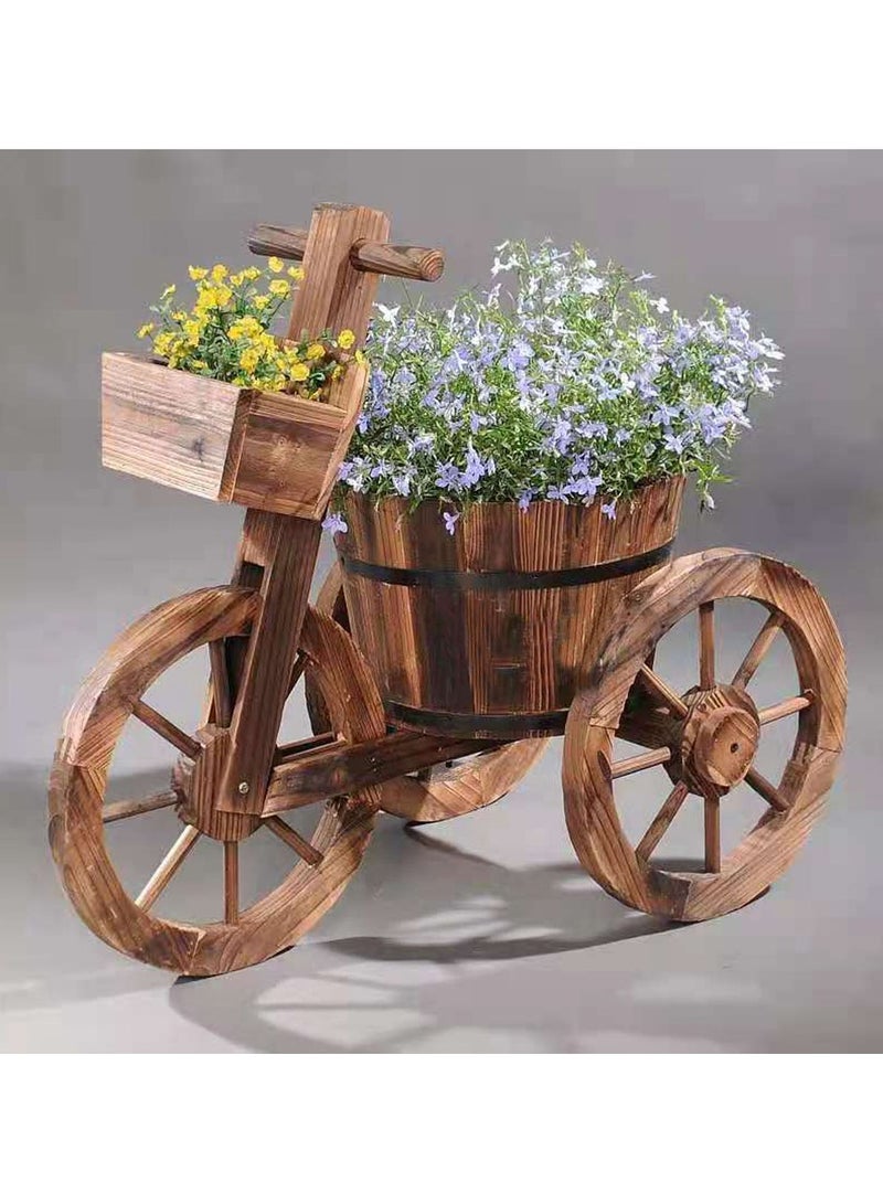 Rustic Wooden Flower Cart Planter with Cycle Shaped Design 3 Wheel Decorative Garden Plant Pot Perfect for Indoor and Outdoor Decor