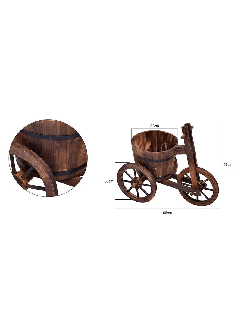 Rustic Wooden Flower Cart Planter with Cycle Shaped Design 3 Wheel Decorative Garden Plant Pot Perfect for Indoor and Outdoor Decor
