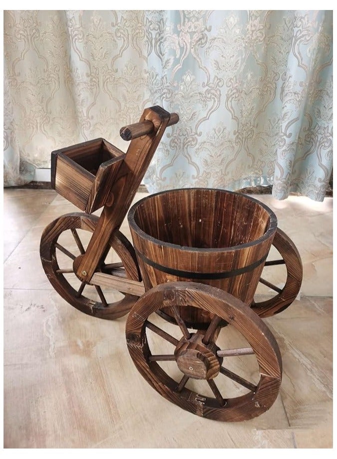 Rustic Wooden Flower Cart Planter with Cycle Shaped Design 3 Wheel Decorative Garden Plant Pot Perfect for Indoor and Outdoor Decor