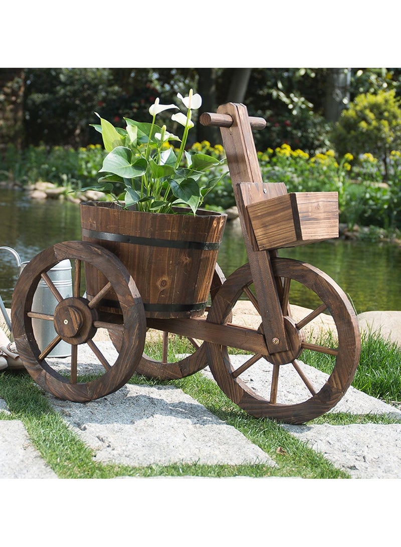 Rustic Wooden Flower Cart Planter with Cycle Shaped Design 3 Wheel Decorative Garden Plant Pot Perfect for Indoor and Outdoor Decor