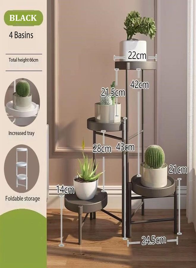 4 Tiers Foldable Metal Plant Stand with Four Trays Heavy Duty Tall Plant Holder Indoor Outdoor Flowerpot Stand Corner Display Rack Flower Shelf for Living Room Balcony Garden Patio 66 cm