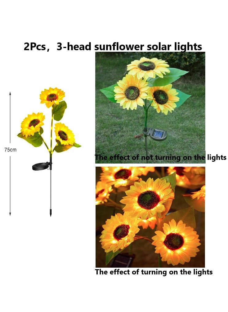 2 Pcs Outdoor Solar Powered Three Head Sunflower Flower Lamp Courtyard Garden Lawn Decoration Ground Insertion Lamp Simulation Landscape Plant Atmosphere Lamp