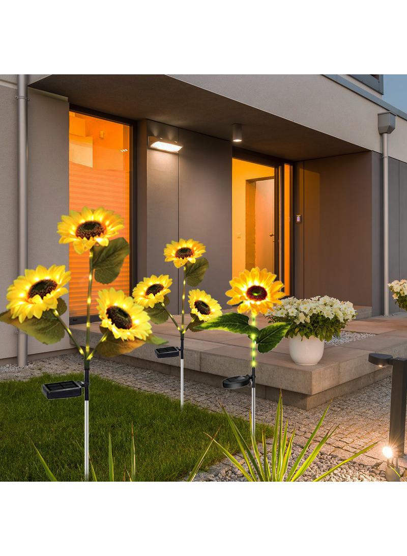 2 Pcs Outdoor Solar Powered Three Head Sunflower Flower Lamp Courtyard Garden Lawn Decoration Ground Insertion Lamp Simulation Landscape Plant Atmosphere Lamp