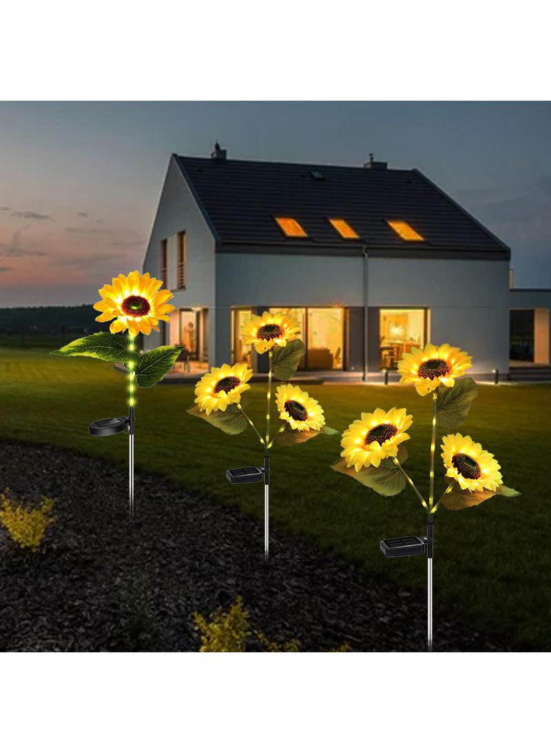 2 Pcs Outdoor Solar Powered Three Head Sunflower Flower Lamp Courtyard Garden Lawn Decoration Ground Insertion Lamp Simulation Landscape Plant Atmosphere Lamp