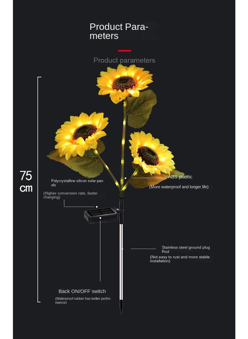 2 Pcs Outdoor Solar Powered Three Head Sunflower Flower Lamp Courtyard Garden Lawn Decoration Ground Insertion Lamp Simulation Landscape Plant Atmosphere Lamp