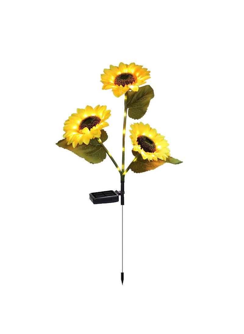 2 Pcs Outdoor Solar Powered Three Head Sunflower Flower Lamp Courtyard Garden Lawn Decoration Ground Insertion Lamp Simulation Landscape Plant Atmosphere Lamp