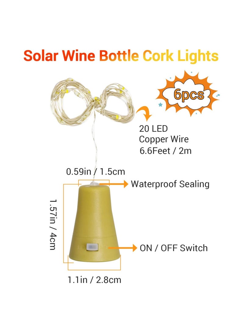 Solar Powered Wine Bottle Lights, 6 Pack Fairy Mini String Lights, 20 Led Waterproof Cork Lights, for Diy Liquor Bottles Garden Patio Pathway Outdoor Wedding Decor Halloween(Warm White)(2 Meters)