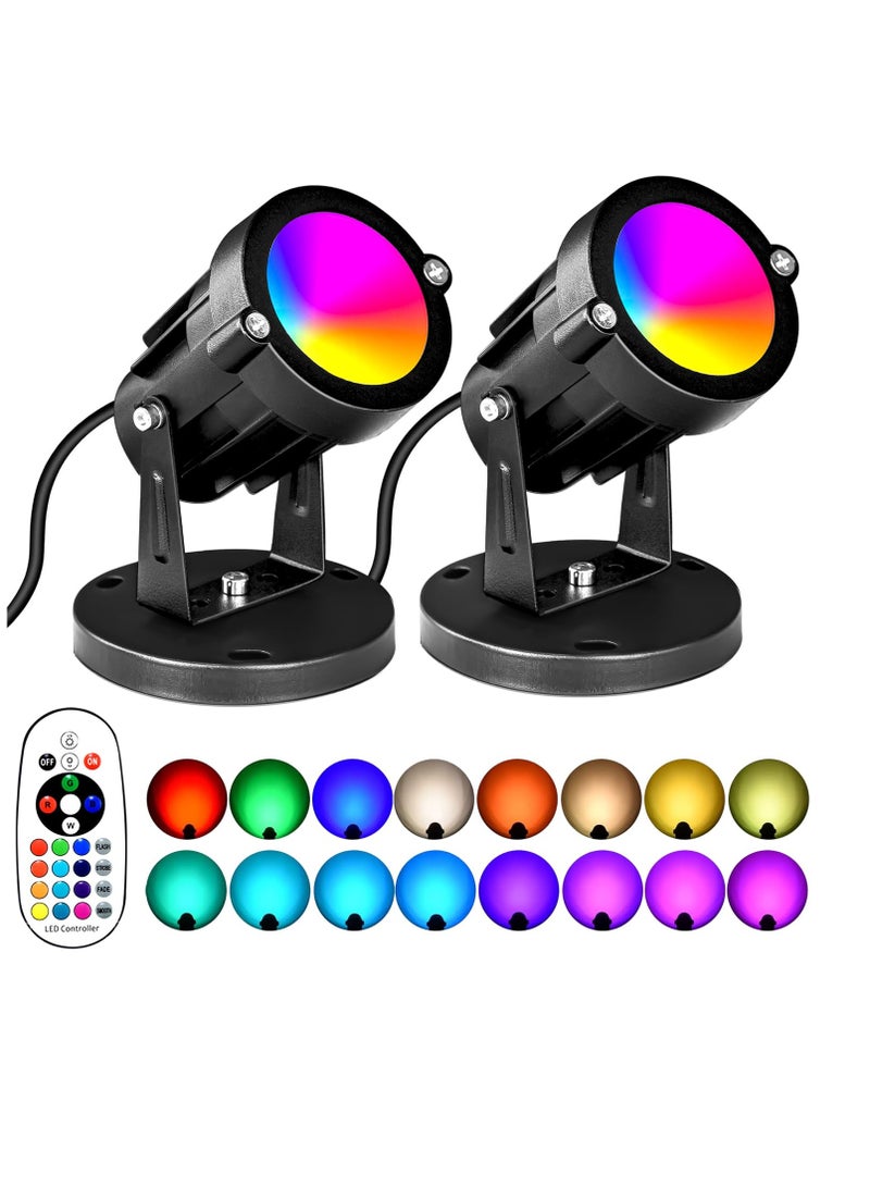 2 Pack 5W RGBW Landscape Lights 16 Color Changing Spotlight Outdoor Landscape Lighting with 2 Remote IP67 Waterproof Adjustable Angle 220V LED Landscape Lights for Yard Garden Pathway Lighting