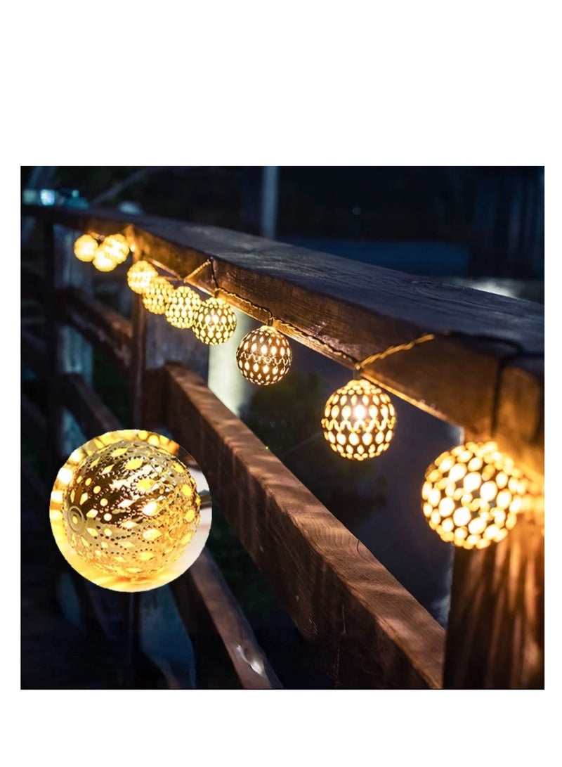 30 LED Moroccan Hollow Metal Ball String Solar Light Operated for Wall Home Hanging Bedroom Tree Birthday Party Decoration Items, Warm Light