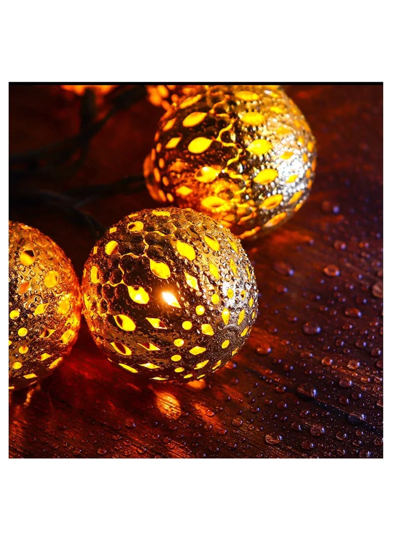 30 LED Moroccan Hollow Metal Ball String Solar Light Operated for Wall Home Hanging Bedroom Tree Birthday Party Decoration Items, Warm Light