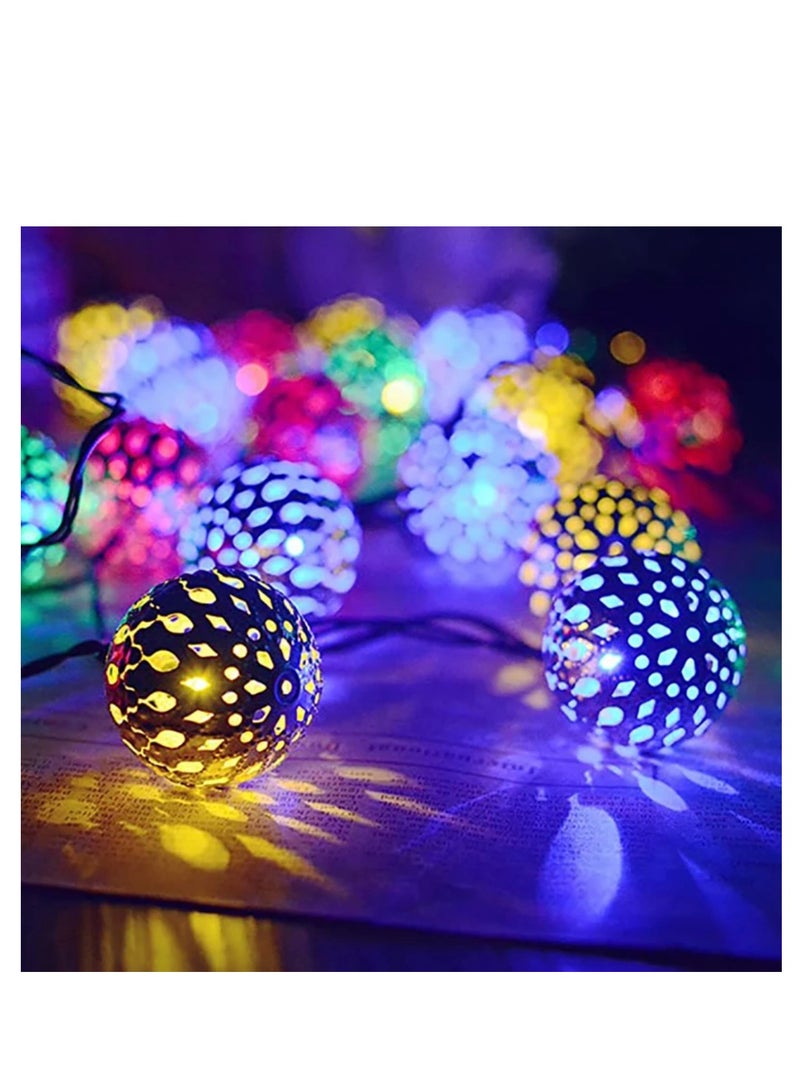 30 LED Moroccan Hollow Metal Ball String Solar Light Operated for Wall Home Hanging Bedroom Tree Birthday Party Decoration Items, RGB