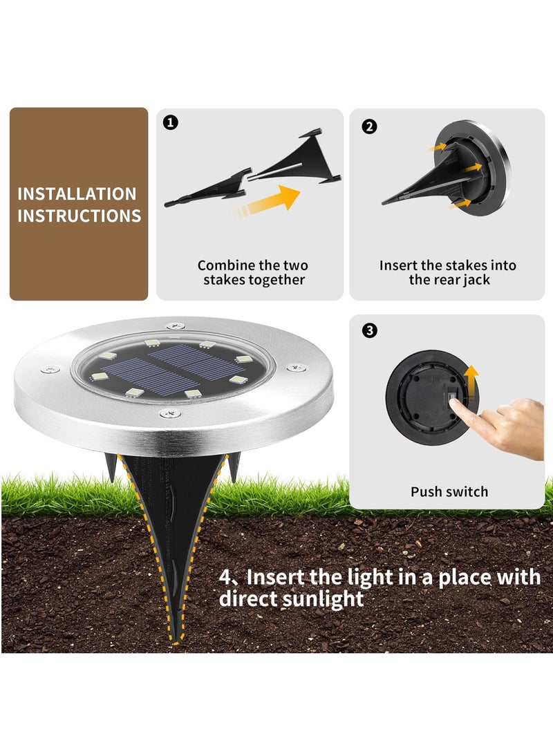 8 Pcs Premium Solar LED Ground Spot Lights - Durable Waterproof Outdoor Lighting - Bright Landscape Lamps for Garden Pathway, Yard - Eco-Friendly, Rust-Resistant Waterproof IP65 (White light)