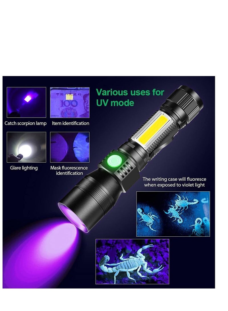 USB Rechargeable Torches, 3 in 1 Super Bright Torches LED  Rechargeable, with whitelight redlight & UV, Super Bright Waterproof LED Torch, 7 Modes, Zoomable, for Camping, Emergency (2 Pcs)