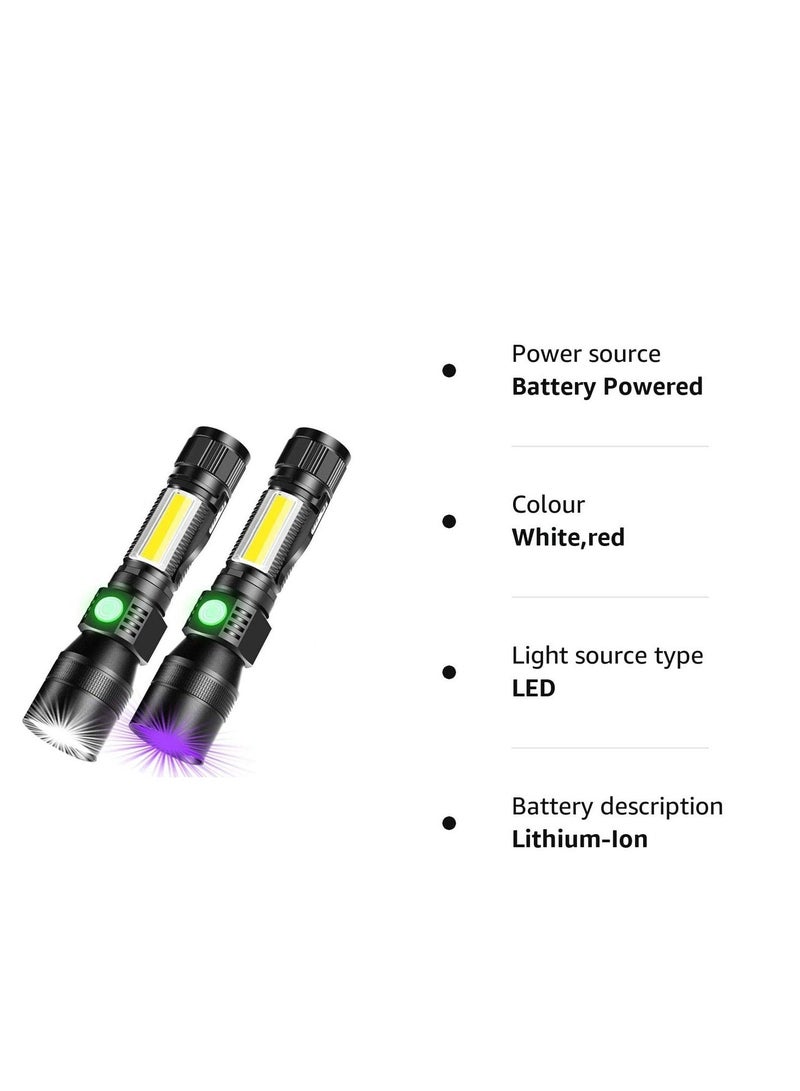 USB Rechargeable Torches, 3 in 1 Super Bright Torches LED  Rechargeable, with whitelight redlight & UV, Super Bright Waterproof LED Torch, 7 Modes, Zoomable, for Camping, Emergency (2 Pcs)
