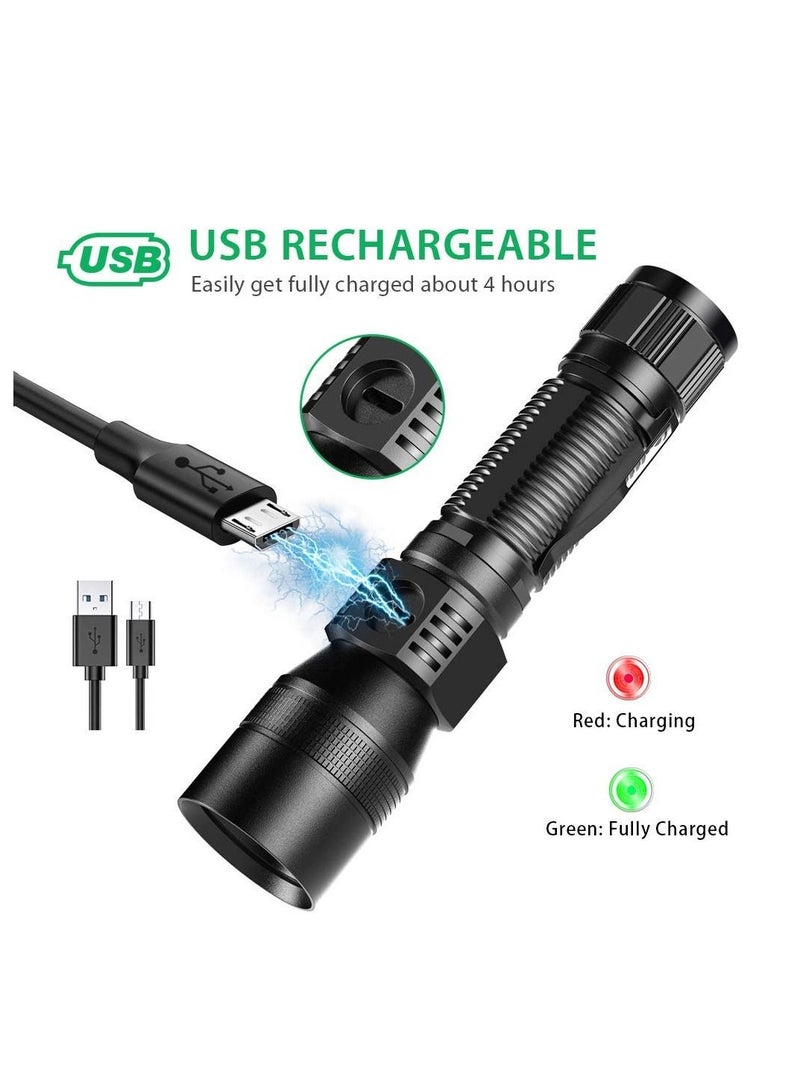 USB Rechargeable Torches, 3 in 1 Super Bright Torches LED  Rechargeable, with whitelight redlight & UV, Super Bright Waterproof LED Torch, 7 Modes, Zoomable, for Camping, Emergency (2 Pcs)