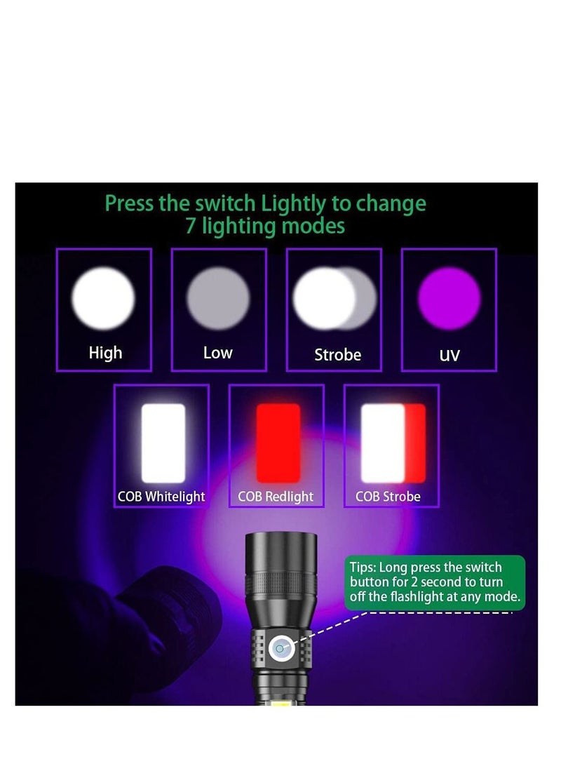 USB Rechargeable Torches, 3 in 1 Super Bright Torches LED  Rechargeable, with whitelight redlight & UV, Super Bright Waterproof LED Torch, 7 Modes, Zoomable, for Camping, Emergency (2 Pcs)
