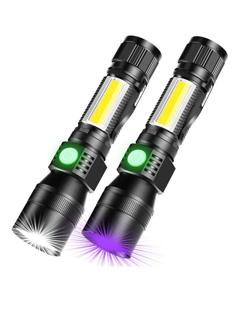 USB Rechargeable Torches, 3 in 1 Super Bright Torches LED Rechargeable, with whitelight redlight & UV, Waterproof Torch, 7 Modes, Zoomable, for Camping, Emergency (2 Pcs)