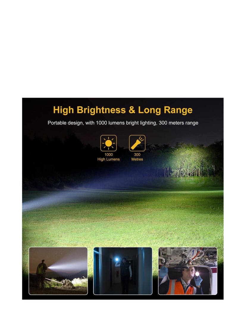 Small Powerful Torch LED, Super Bright 1000LM LED Keychain Flashlight, Rechargeable 300 Meters IPX4 Small Powerful Pocket Torch, with 7 Light Modes & Magnetic Tail, for Camping and Emergency Use