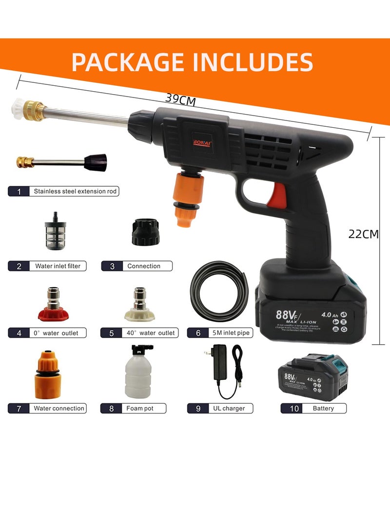 88V Cordless Electric Pressure Washer with 2pcs Large Capacity Battery Ideal for Washing Cars and More