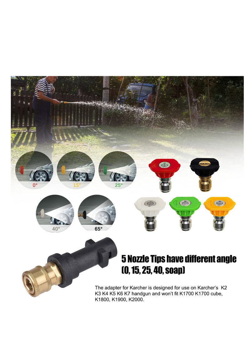 Pressure Washer Adapter, Quick Connect Adapter with 5 Power Nozzle Tips Multiple Degrees, 1/4'' Quick Connect Female Fitting, for Karcher K Series K2 K3 K4 K5 K6 K7