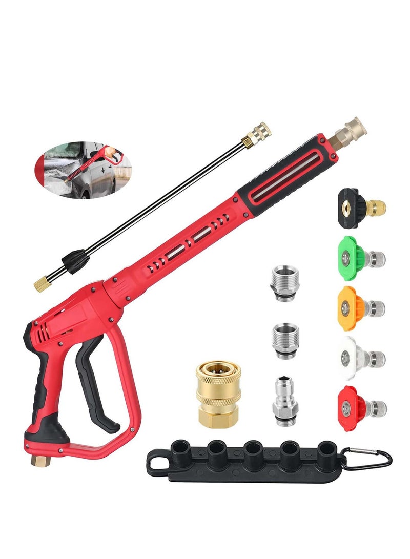 Pressure Washer Gun with Replacement Wand Extension Adjustible High Power 3/8'' Swivel Quick Connect M22 14mm/M22 15mm Fitting 5 Nozzle Tips Holder (4000 PSI/Red)