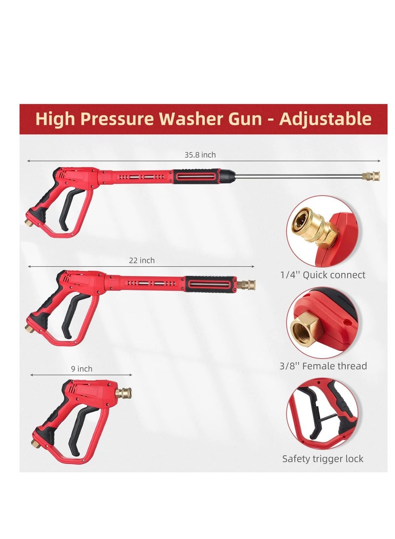 Pressure Washer Gun with Replacement Wand Extension Adjustible High Power 3/8'' Swivel Quick Connect M22 14mm/M22 15mm Fitting 5 Nozzle Tips Holder (4000 PSI/Red)